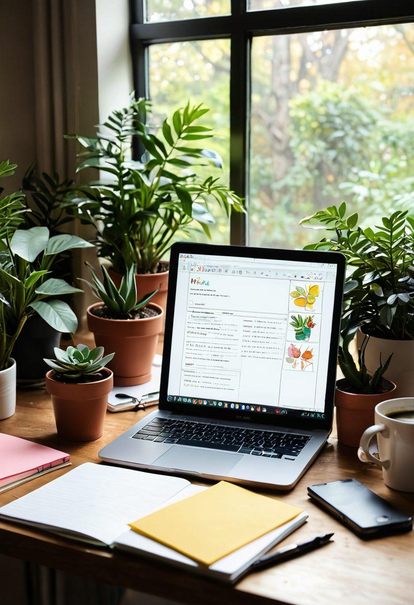 A cozy, inviting workspace filled with a laptop, sketchbooks, and vibrant sticky notes, surrounded by plants and a cup of coffee, symbolizing creativity and passion. A soft light filters through a nearby window, illuminating the scene with warmth. In the background, hints of an online platform's interface subtly suggest the concept of an online diary. super-realistic. warm colors. inviting atmosphere.
