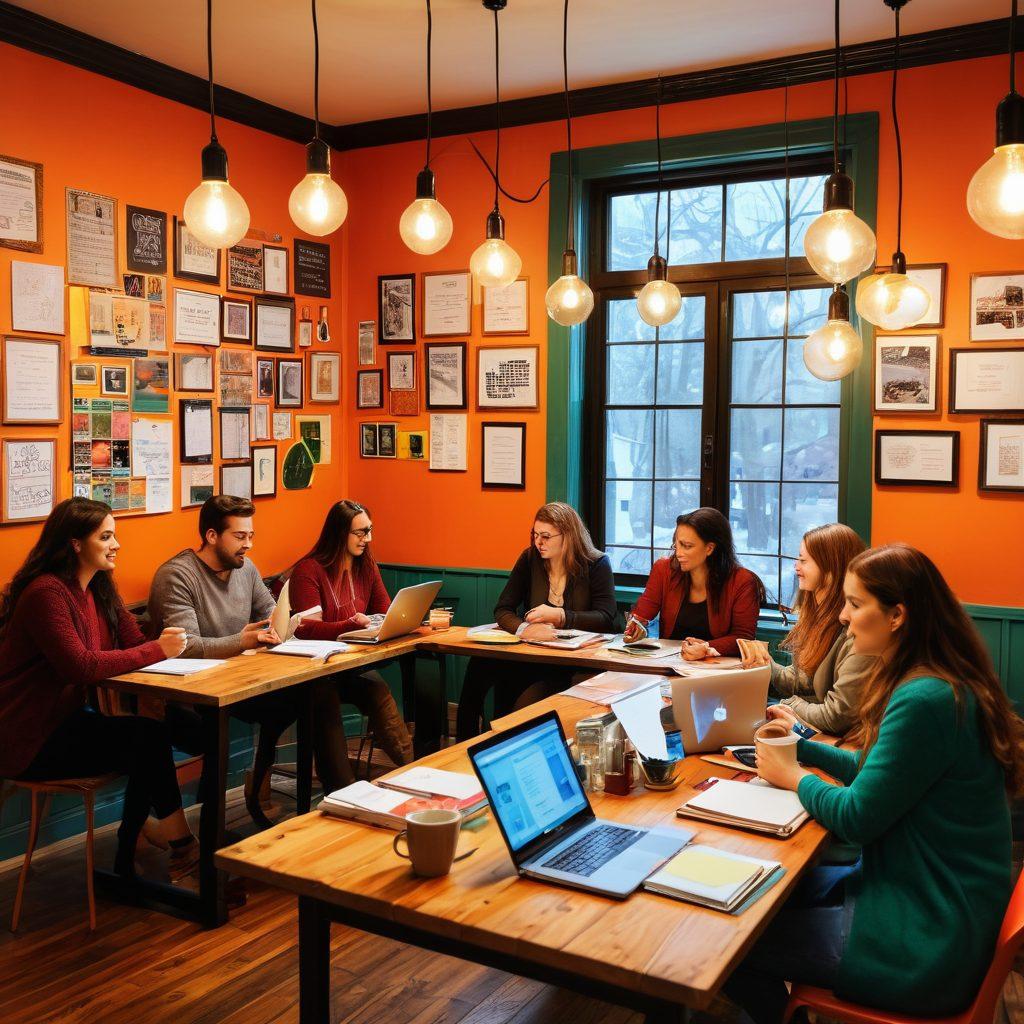 A vibrant gathering of diverse writers sitting around a large table, animatedly discussing ideas with laptops and notebooks, surrounded by colorful book covers and inspiring quotes on the walls. Include elements of creativity like light bulbs, pens, and papers flying in the air, symbolizing brainstorming. The background should be a cozy and inviting coffee shop atmosphere, exuding warmth and creativity. super-realistic. vibrant colors. cozy setting.