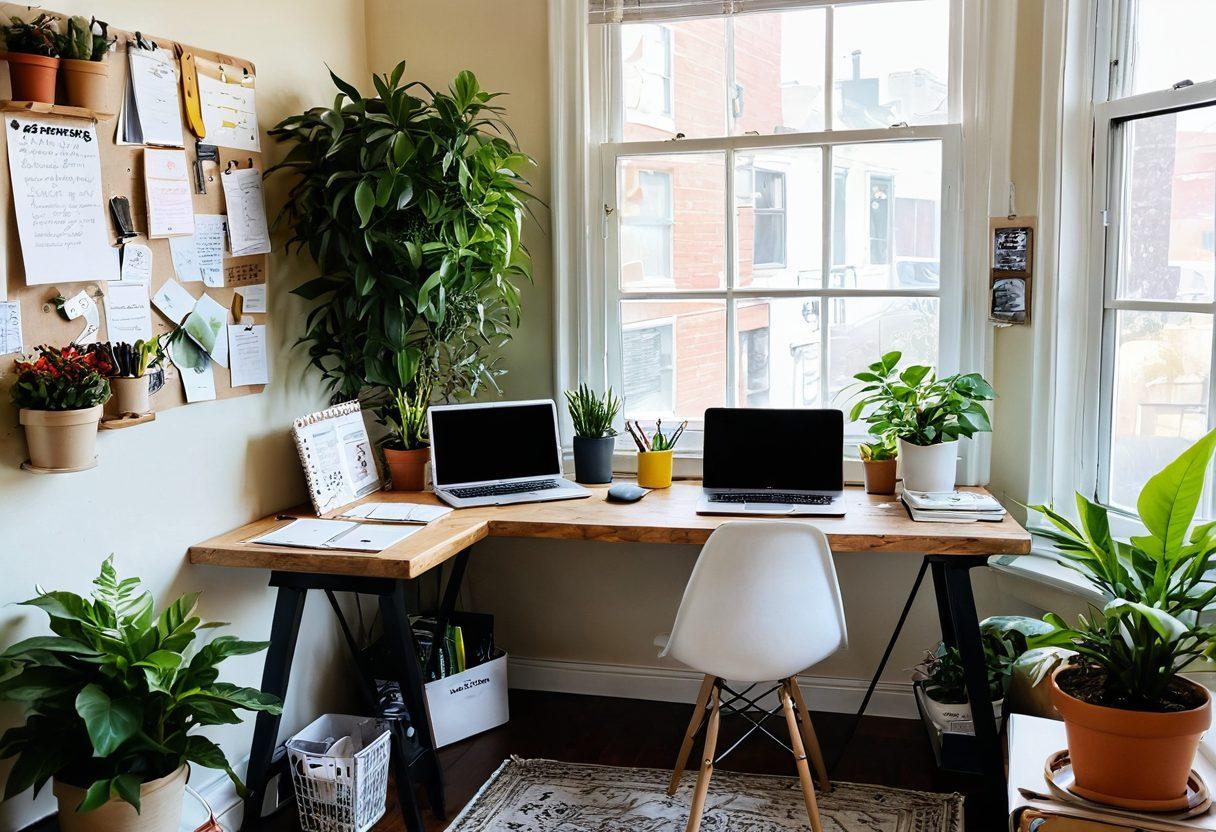 A vibrant and inviting workspace featuring a cozy desk with a laptop open to a blog dashboard, surrounded by colorful notebooks, art supplies, and a steaming cup of coffee. Soft natural light streams through a window, illuminating a wall covered in inspirational quotes and sketches. A plant adds a touch of greenery, creating a warm and stimulating atmosphere perfect for creativity. super-realistic. vibrant colors. soft focus.